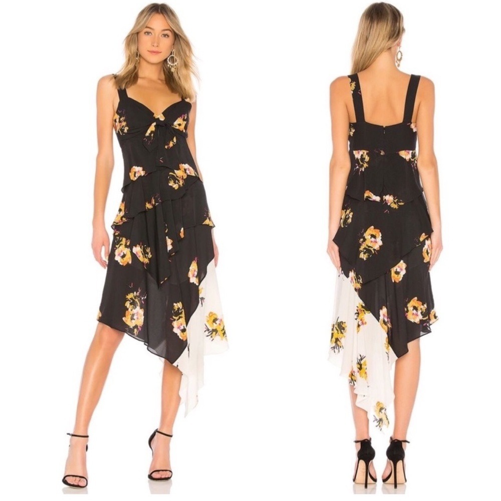 A.L.C. Silk Floral Tiered Asymmetrical Handkerchief Black  Midi Dress Size 6 763